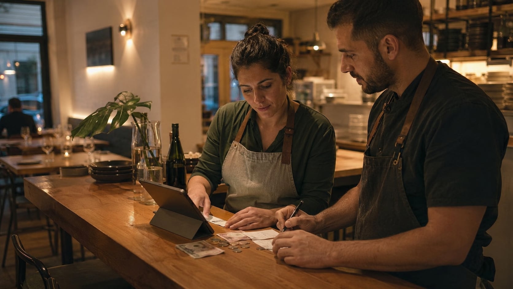 Equipo de restaurante revisando recibos, efectivo y una tablet durante una rutina ordenada de cierre de caja.