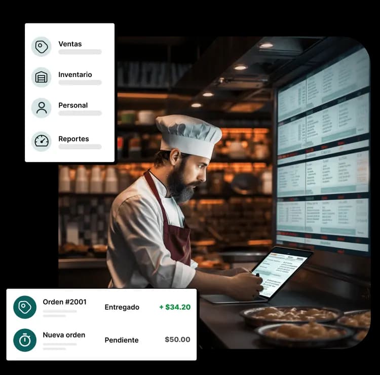 Un chef usando Gal-Da, iconos que muestran las funcionalidades de Gal-Da el software para restaurantes