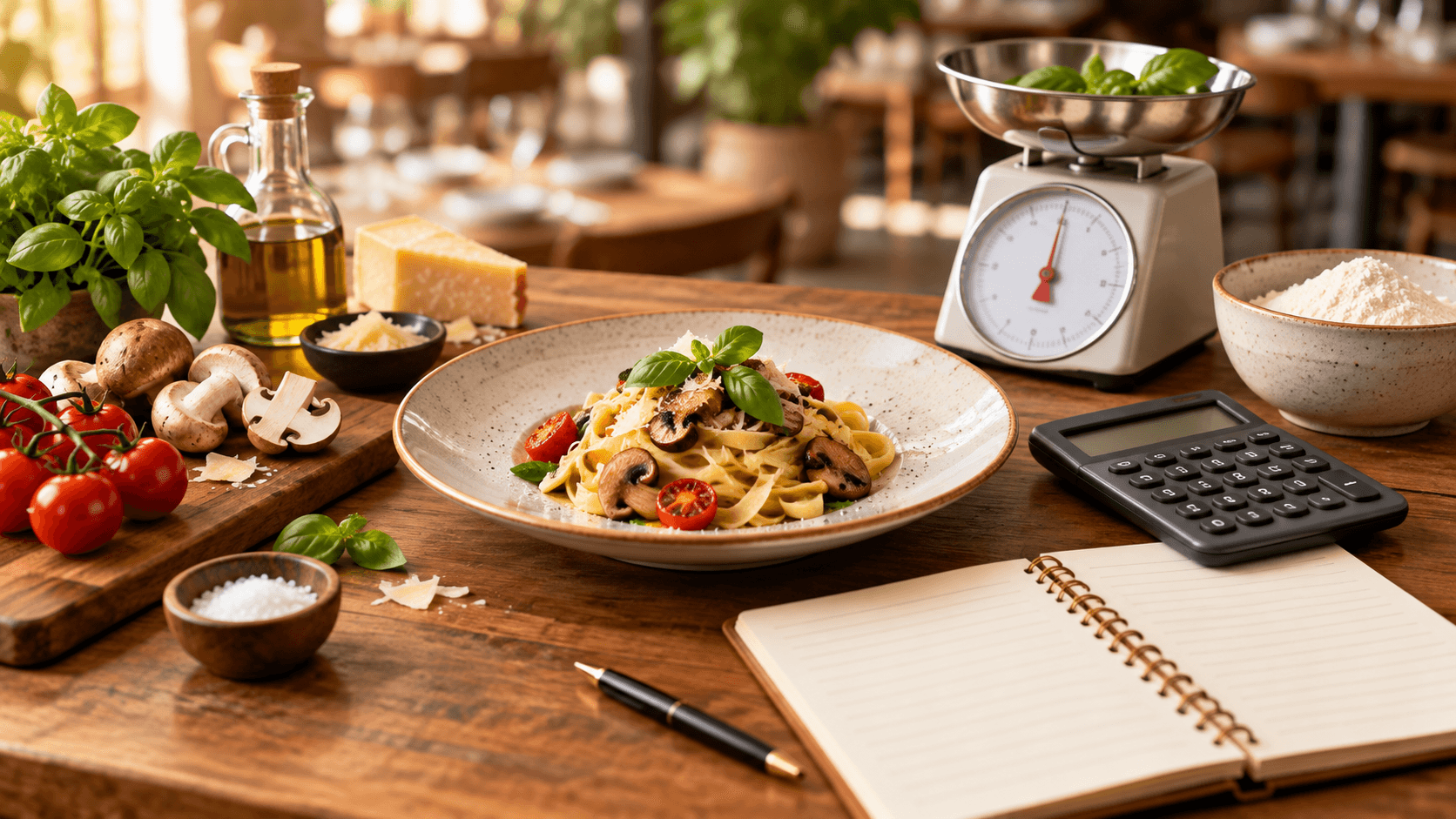 Imagen generada de un plato de pasta, ingredientes, una balanza, una calculadora y un cuaderno sobre una mesa de restaurante.