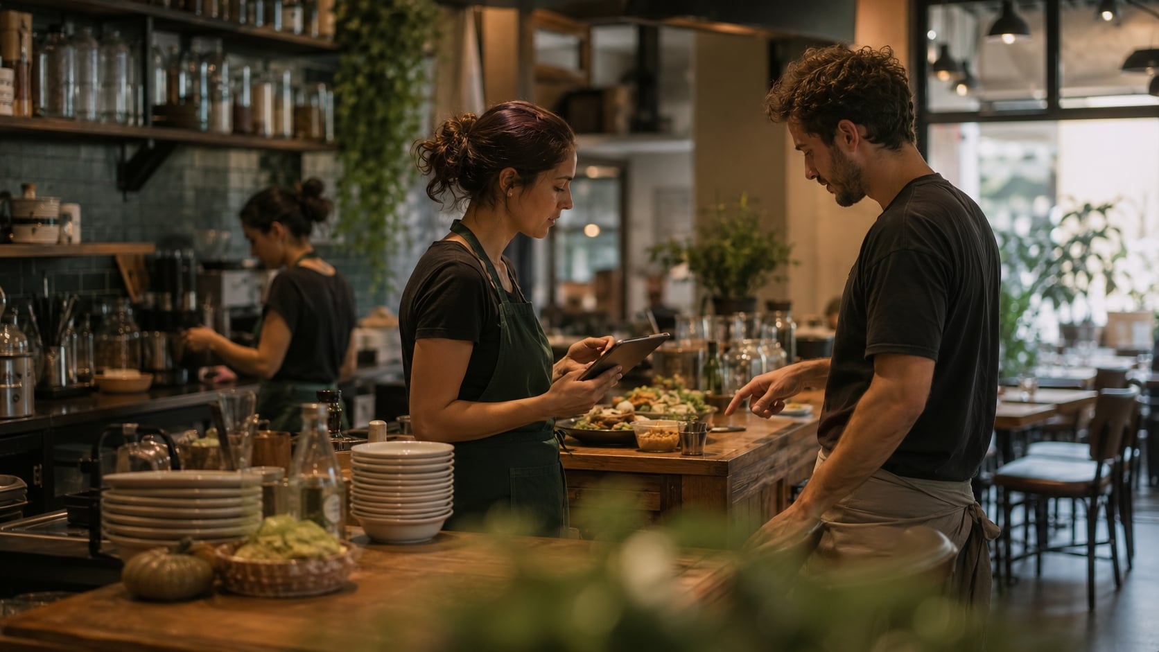 Encargada y colaborador coordinan las tareas del turno mientras el restaurante continúa operando con normalidad.