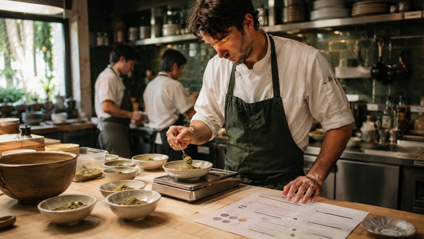 Chef pesa y porciona ingredientes siguiendo una ficha de receta para mantener cantidades y resultados consistentes.